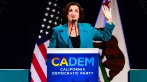 Katie Porter holds ‘F--- TRUMP’ sign at California Democratic convention