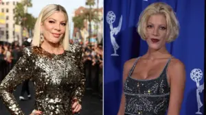 Tori Spelling poses in racy bikini top as she addresses departure from Jennie Garth's podcast