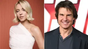 Sydney Sweeney tells Tom Cruise to 'watch out' after strapping herself to top of airplane
